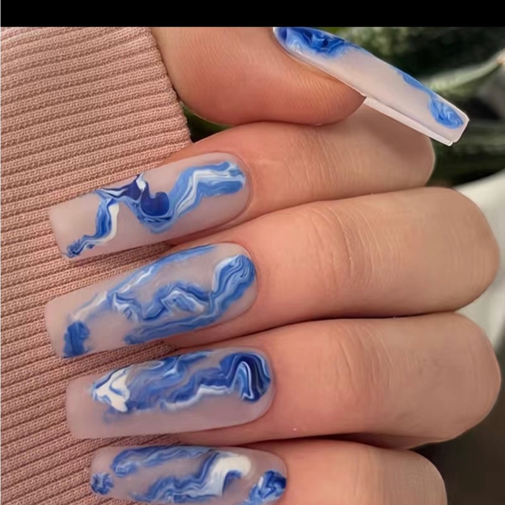 Coffin Long Ballerina Blue Smudged Design Nails